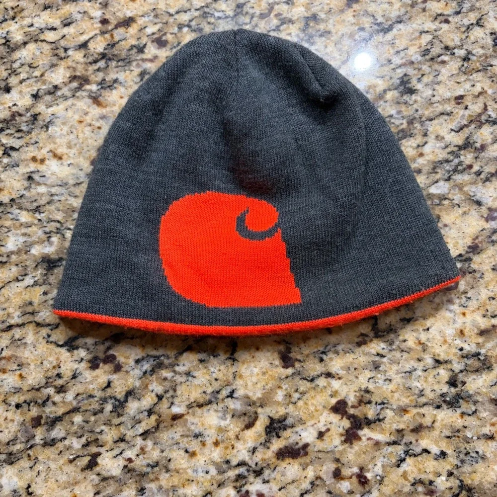 Carhartt Reversible Beanie Orange Charcoal Grey Knit Hat Logo Mens One Size